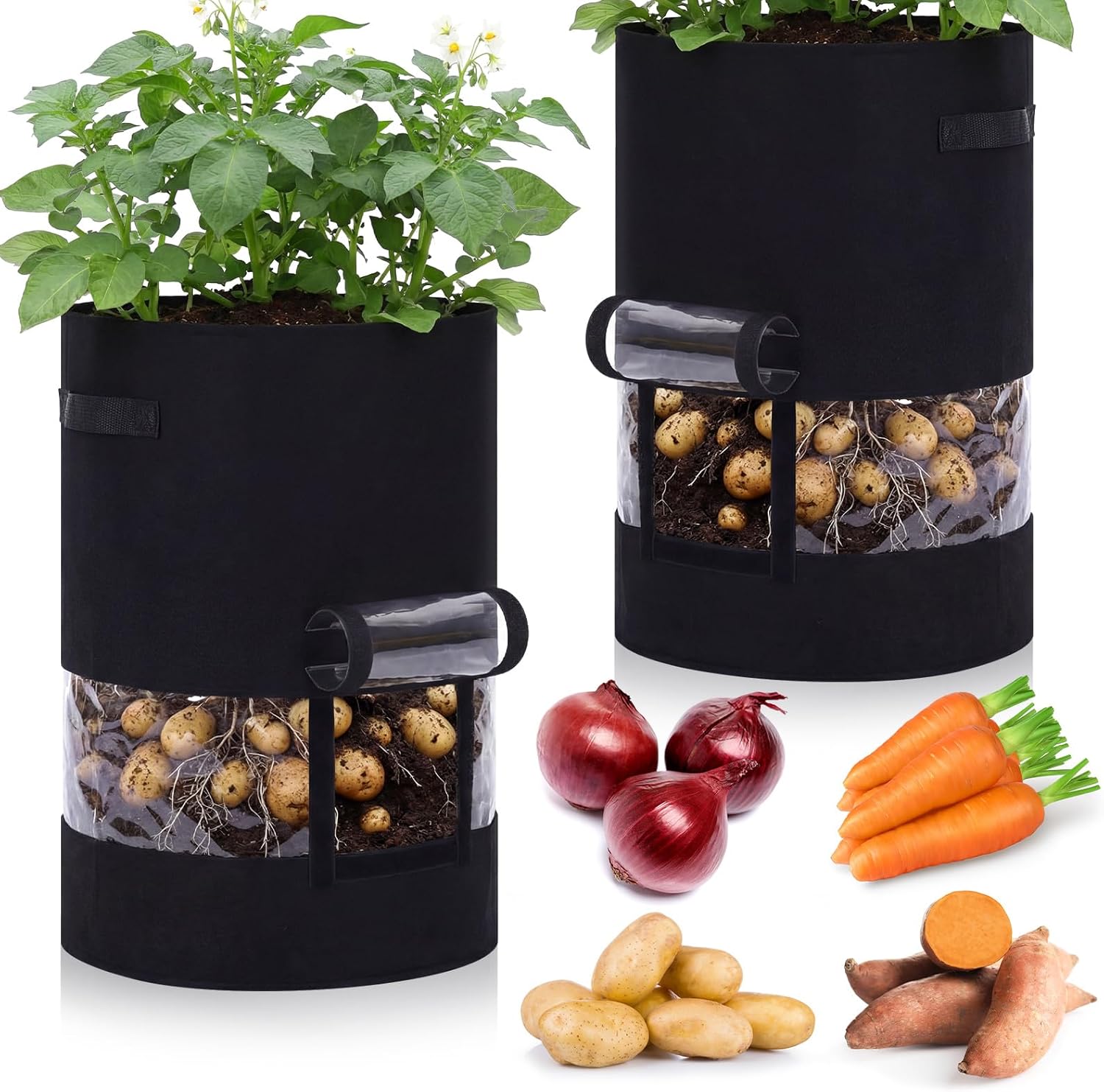 Baderke 30 Gallon Potato Grow Bags - 360° Visibility with Harvest Window & Handles | Black, Perfect for Tomatoes & Vegetables