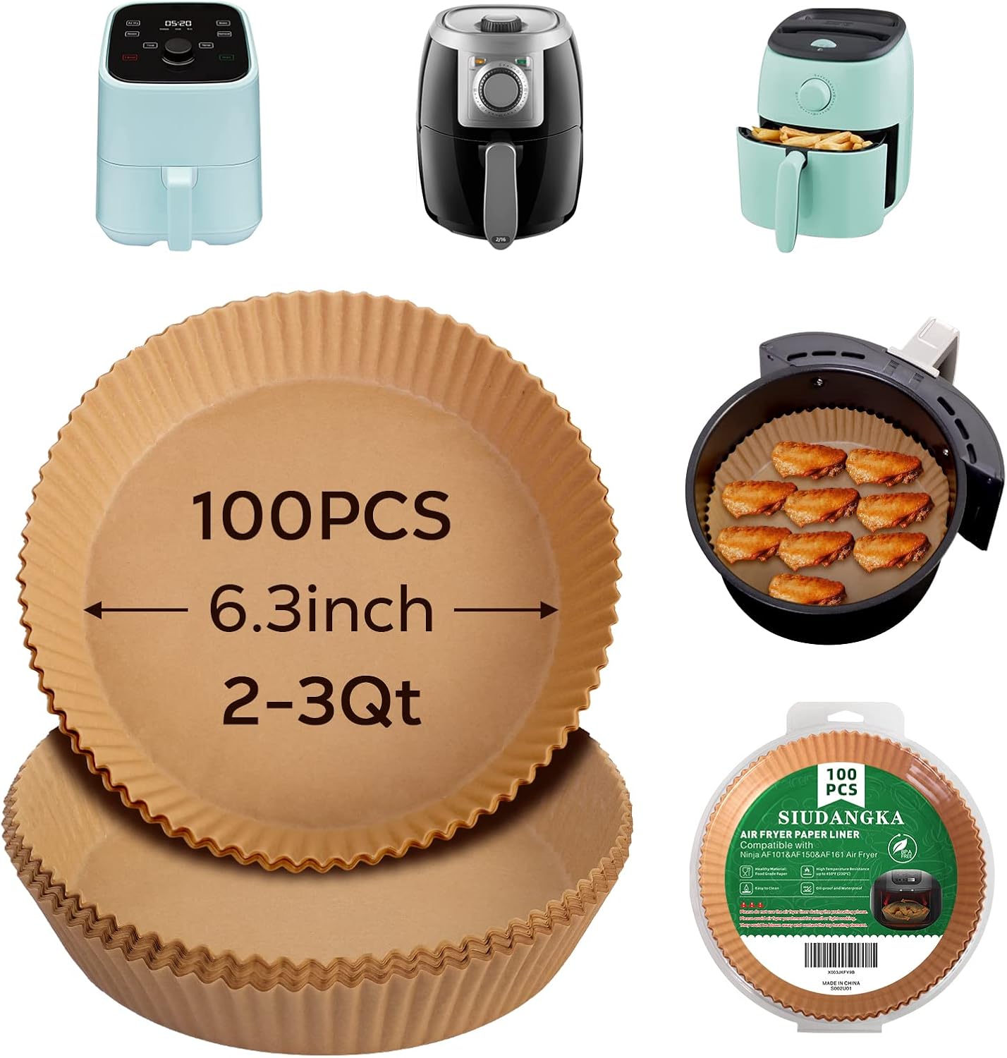 SIUDANGKA Mini Air Fryer Liners - 100 Pcs Non-Stick Parchment Paper Pads for 2QT Fryers | Compatible with Ninja, COSORI, Instant Vortex, CHEFMAN