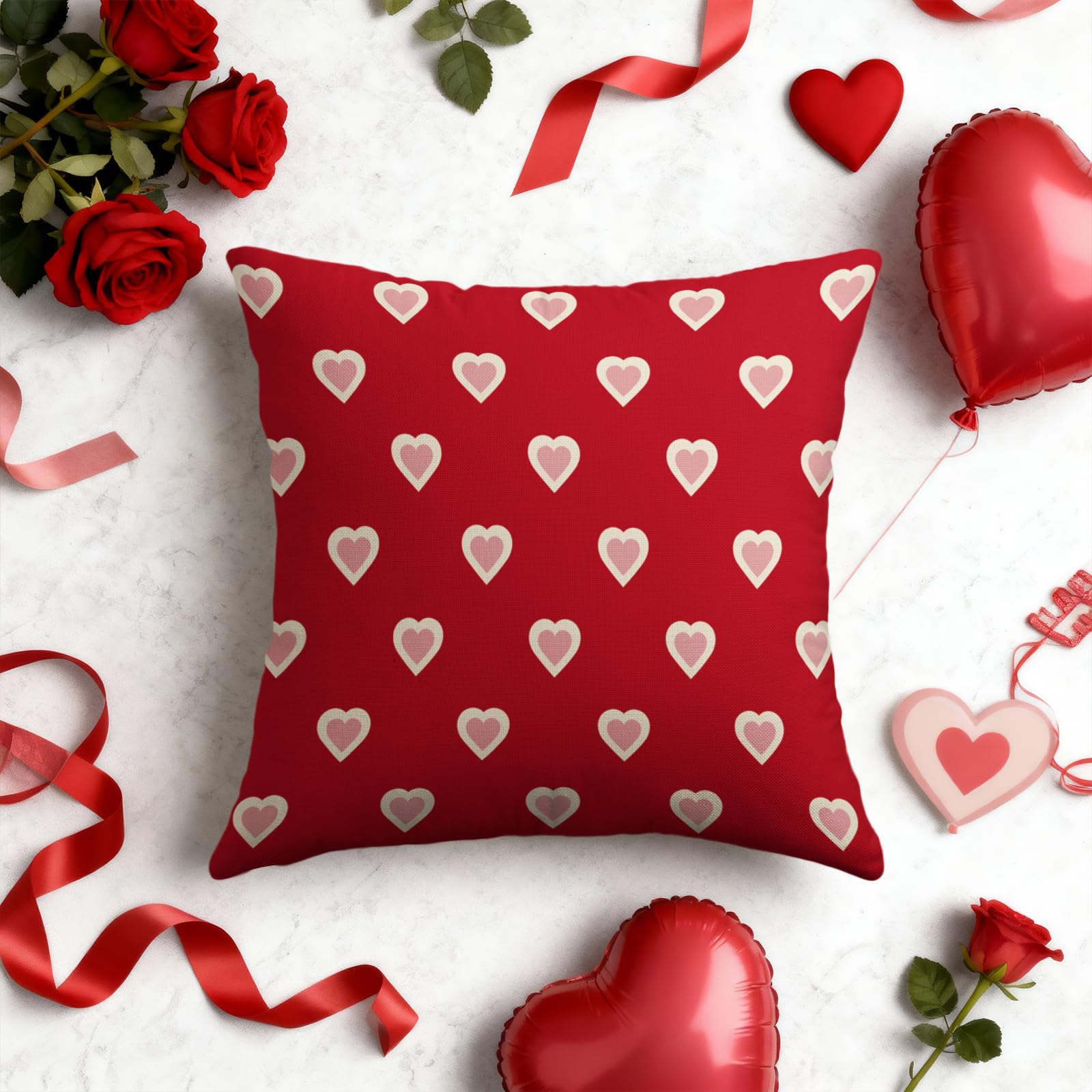 Valentines Day Pillow Covers 18X18 Set of 2, Red Pink Valentine's Print Decorative Throw Pillow Covers Outdoor Farmhouse Holiday Anniversary Wedding Decorations Cushion Case Couch Sofa Bed Decor