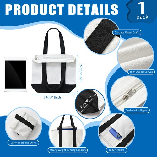 TAOZIM 1Pack Mini Canvas Tote Bag with Pockets, 12oz Cotton Small Tote Bag with Zipper Reusable Grocery Shopping Bags Small Canvas Tote Bags for DIY, Advertising, Decorating Craft (Black/White)
