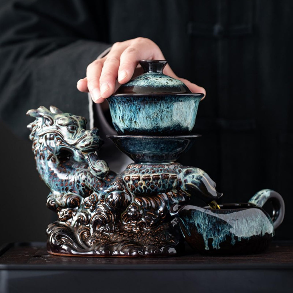 Chinese Gongfu Tea Set Ceramic Teapot with Infuser, 8 Cups, Semi Automatic Dragon Design for Loose Leaf Tea
