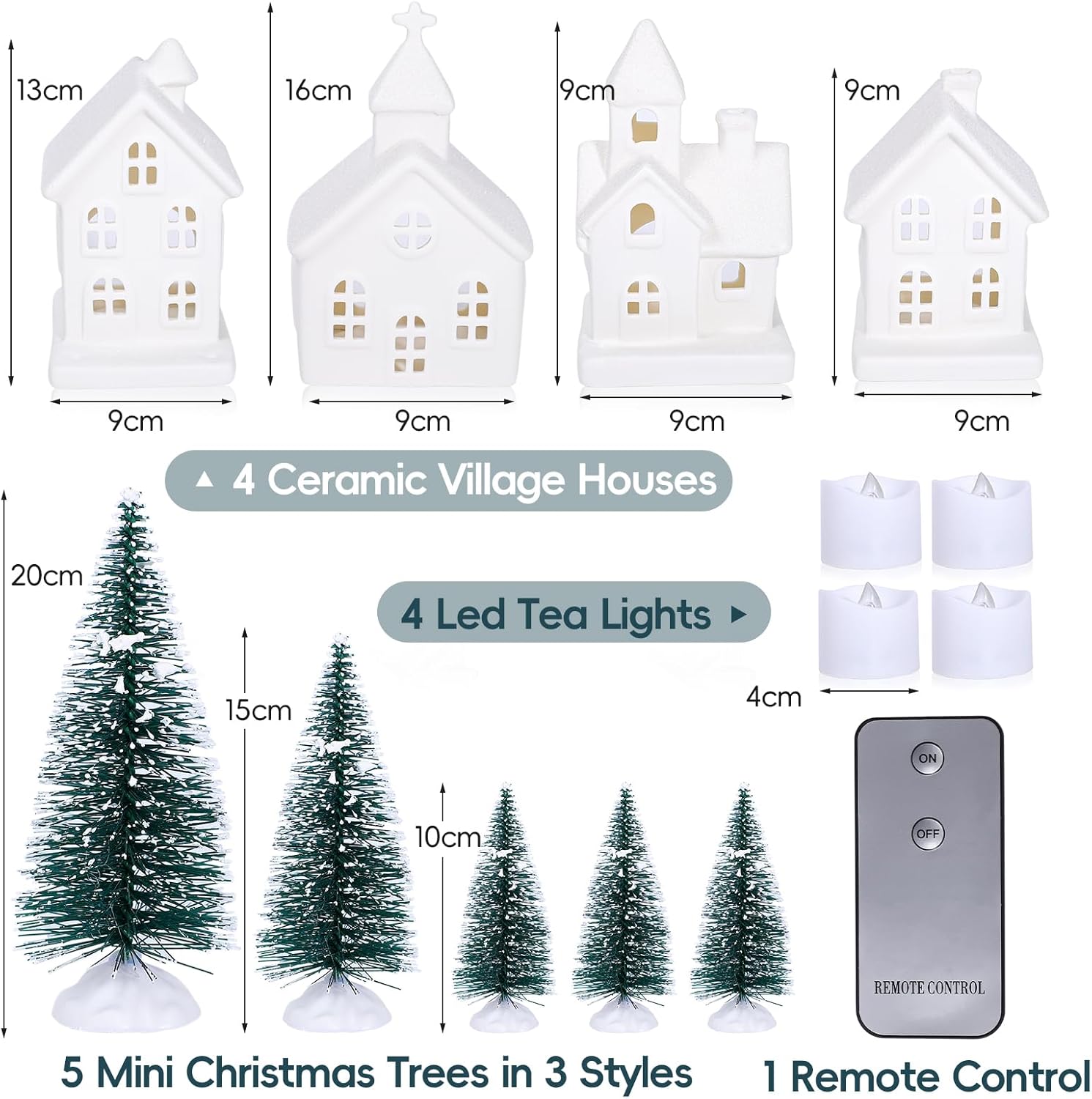 Regine Switzerland Christmas Village Set - 9 Pcs Lighted Ceramic Houses & Trees | Winter White Decor