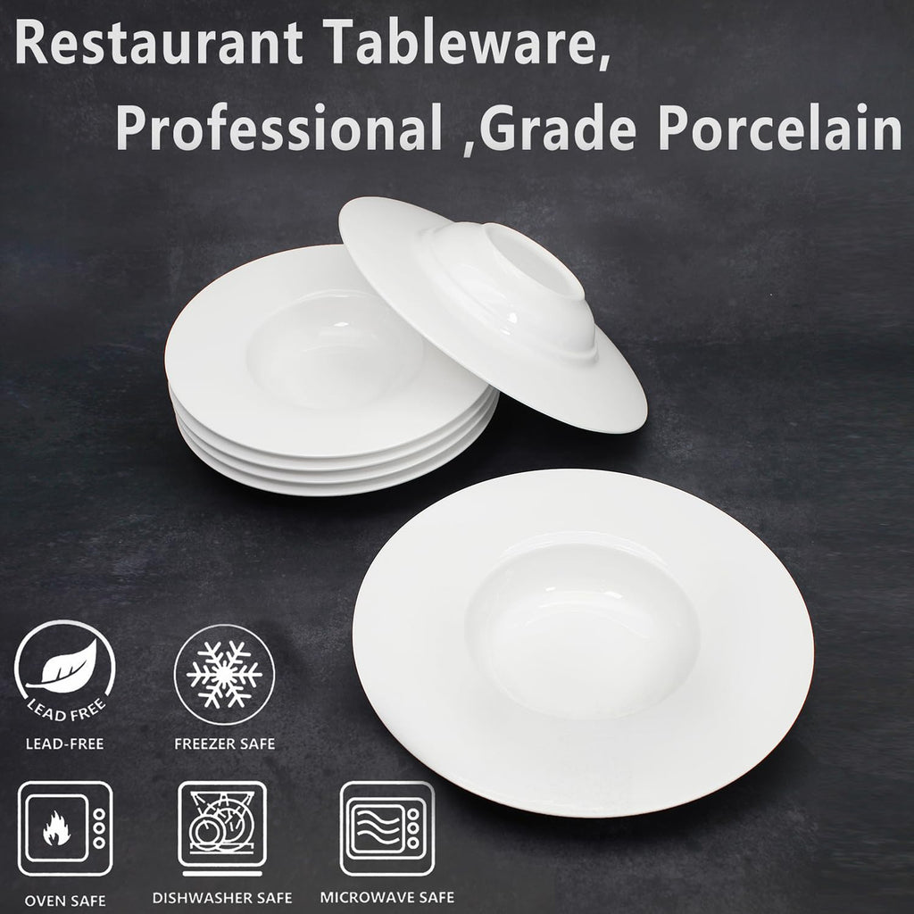 Creativity Home Ceramic Wide Rimmed Soup Plate, Soup Bowl 14 oz, Pasta Bowl Set of 4, White Shallow Bowl Plate with Rim, Best choice for high-end restaurants, hotels, and foodies, 12 Inch