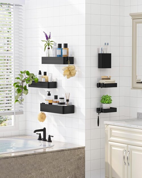 Kitsure Shower Caddy Adhesive - Rustproof 6-Pack No-Drilling Shower Shelves with Soap Holder & Hooks | Large Black Bathroom Organizer