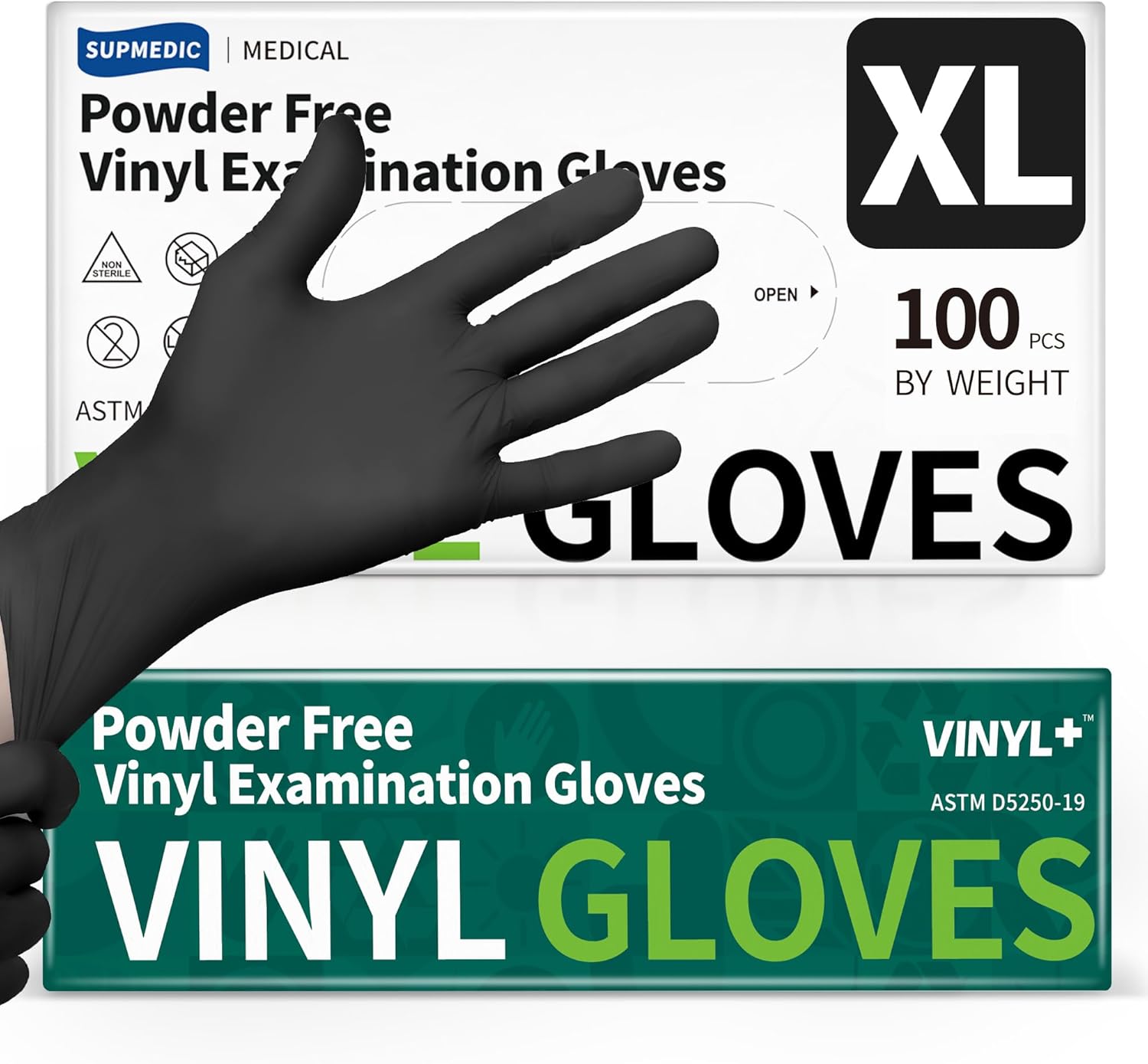 Supmedic Vinyl Disposable Exam Gloves - Black 4Mil, Powder-Free & Latex-Free, 100/1000 Ct