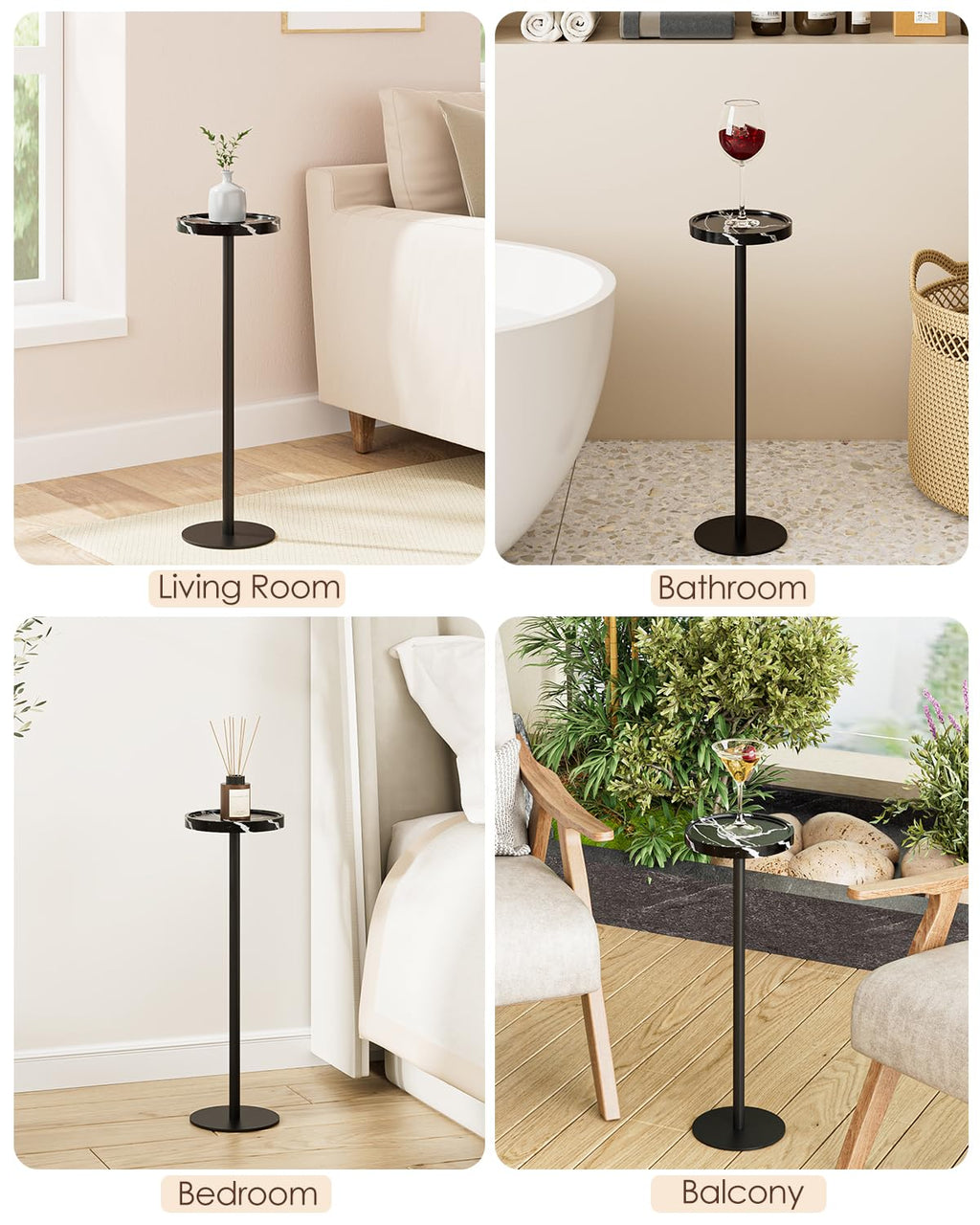 AEPOALUA Drink Table, Small Pedestal Side Table, Round Cocktail Table, Circle Accent End Table with Metal Base, for Small Spaces (1, Black Marble)
