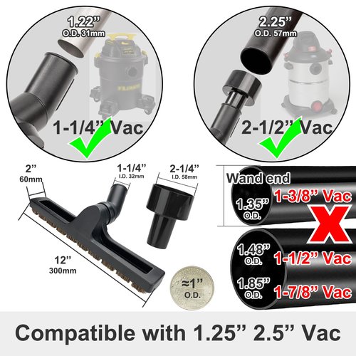 Hardwood Brush Vacuum Attachment for 1 1/4" 2 1/2" Shopvac Wet Dry Vacs, Horsehair Bristles Parquet Nozzle, 12" Shop Vac Floorhead Accessory (1.25" Hard Floor Head & 2.5" Vac Hose Adapter)
