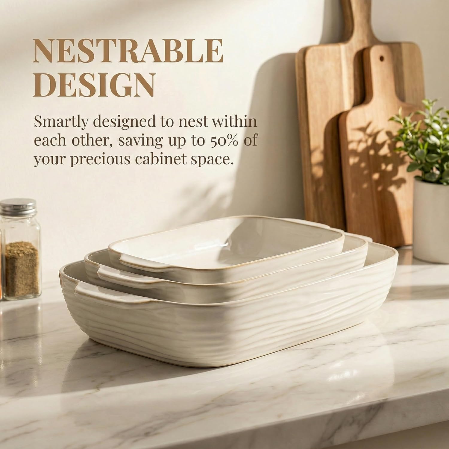 Regine Switzerland Baking Dish Set - Ceramic Casserole Dishes for Oven | 3-Piece Rectangular Bakeware in Arctic White