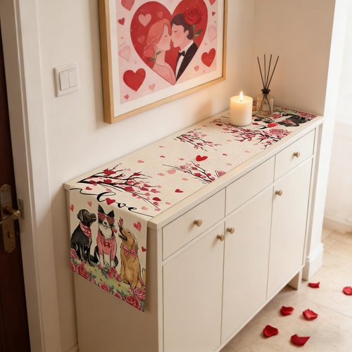 Amreich Valentines Day Dog & Love Tree Table Runner - Dating Dinner Anniversary Wedding Valentine's Table Decor for Home Party Favors 13 X 72 Inch