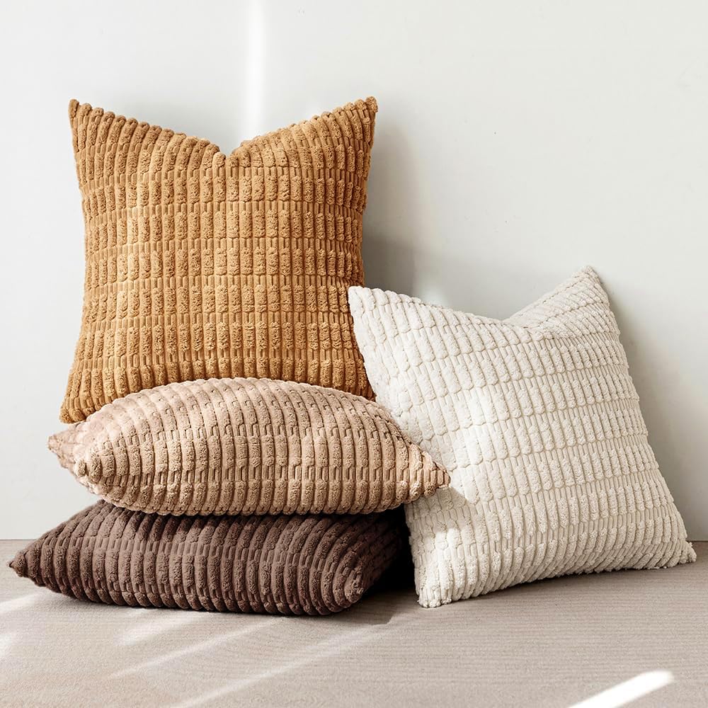 MIULEE Decorative Throw Pillow Covers - Pack of 4 Neutral Corduroy 18x18 Inch for Rustic Farmhouse Decor | Soft Striped Design in Brown