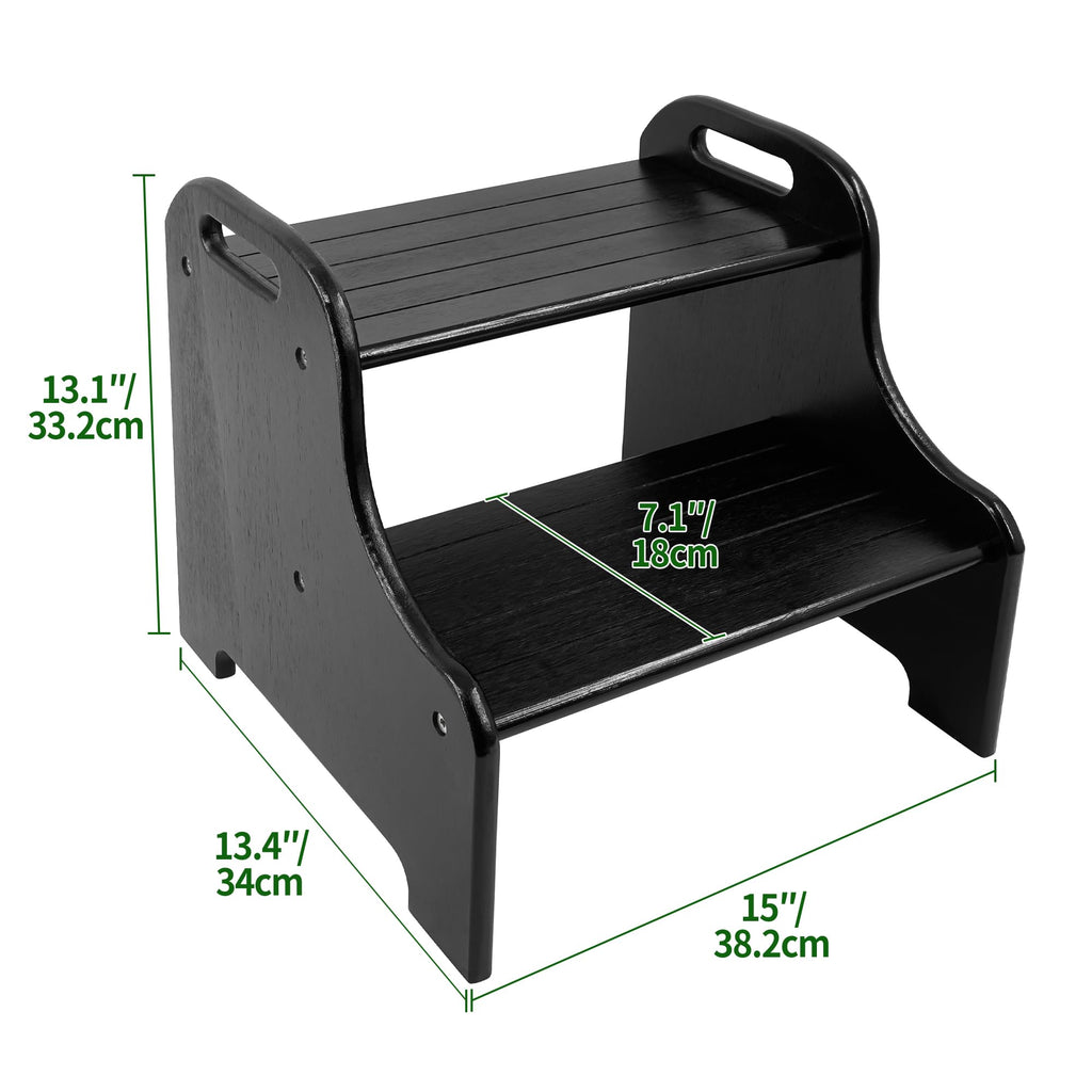 VaeFae Bamboo 2 Step Stool with Non-Slip Step Treads and 2 Cutout Handles (Black)