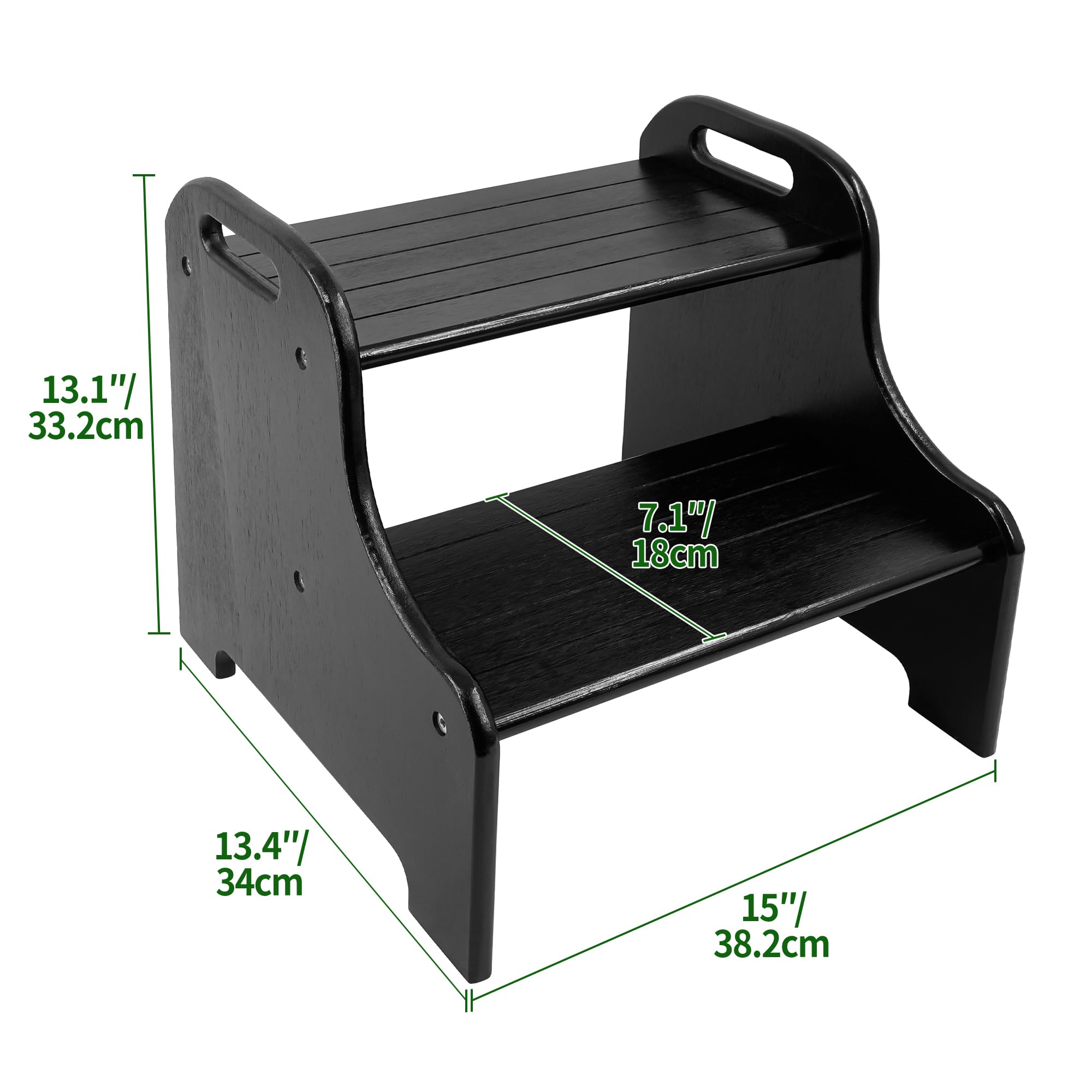 VaeFae Bamboo 2 Step Stool with Non-Slip Step Treads and 2 Cutout Handles (Black)