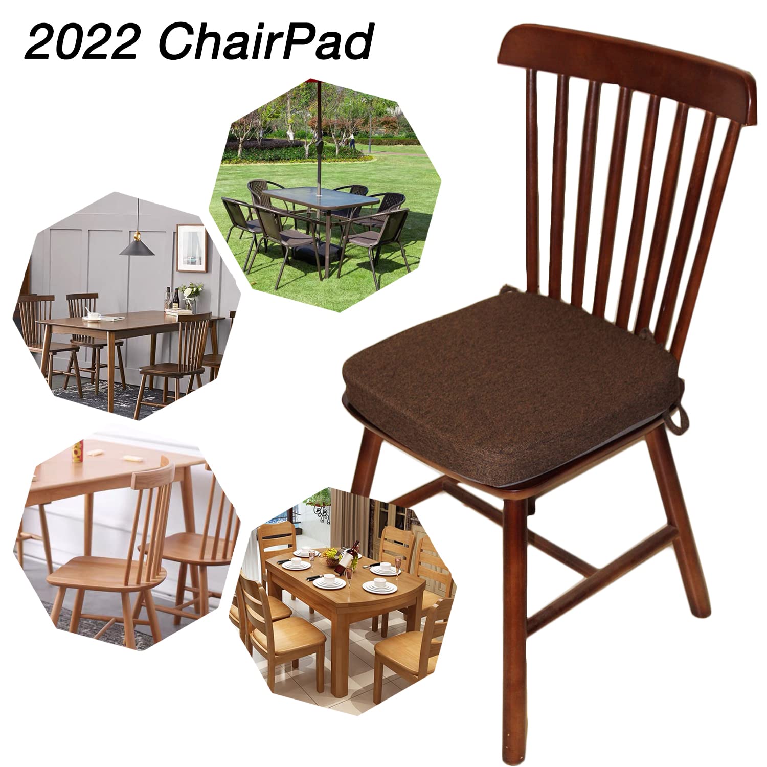 ZYHOONE Chair Cushion with Ties for Kitchen Chair - Thick Memory Foam Indoor Seat pad,Dining Room Cushion with Machine Washable Cover [15 X 15 X 2 Inches] - (Dark Brown,4)
