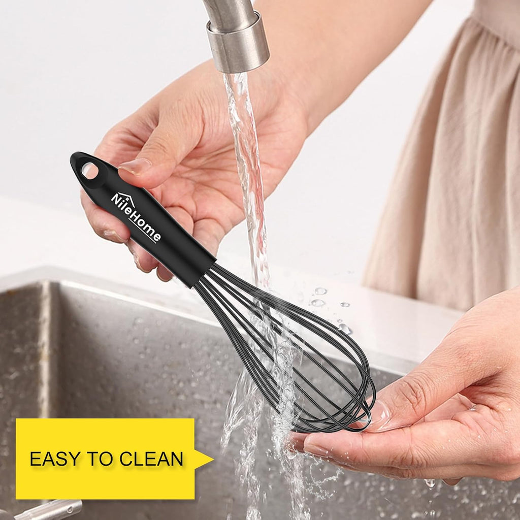 NileHome Silicone Whisk Set - Versatile 8" & 10" Kitchen Whisks for Cooking & Baking | Black
