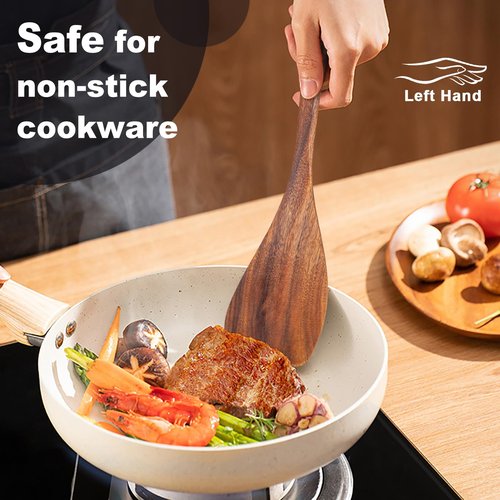 Jilla-hla Wooden Spatula Nonstick Turner Acacia Wood, Left Long Handle Flat Frying Spatulas Handmade for Kitchen Gifts, Ideal Cookware Utensils for Cooking Eggs, Fish, Pancakes