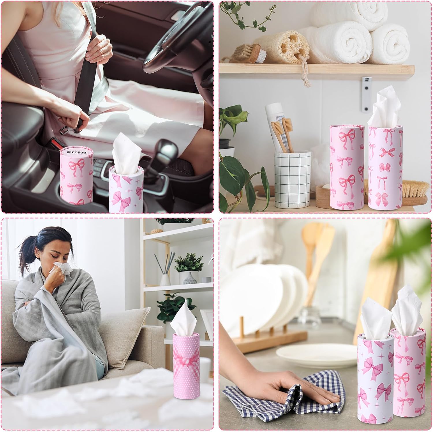 Outus 12 Pcs Bow Car Tissue Holders - 3 Ply Facial Tissue in Pink Ribbon Design | Travel & Party Use