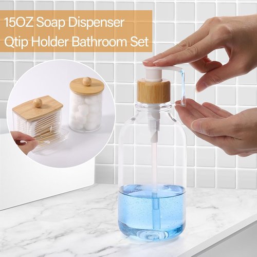 Bamboo Bathroom Accessories Set - 4-Piece Clear Toothbrush Holder & Soap Dispenser | Qtip Container