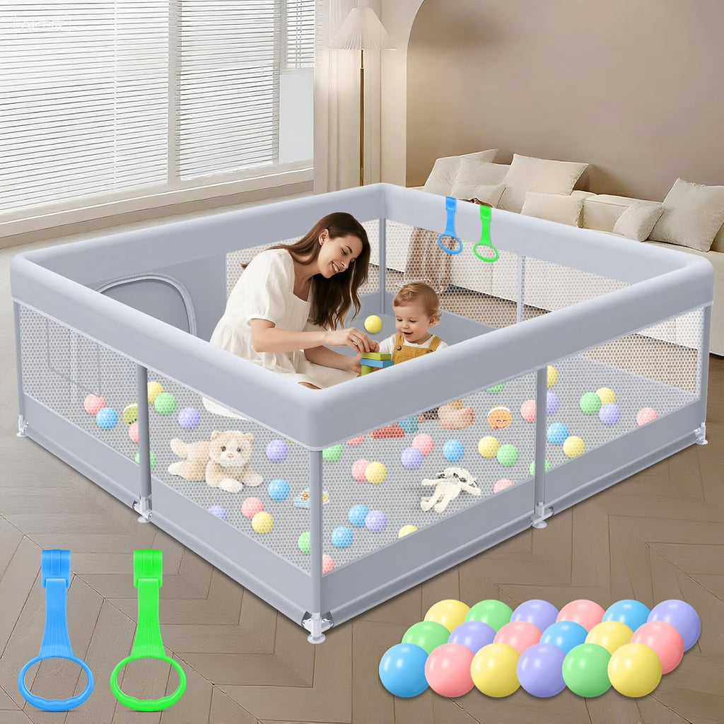 XVISHX Baby Playpen - 50 x 50 Inch Indoor & Outdoor Playard with Soft Mesh & Skin-Friendly Fabric - Grey