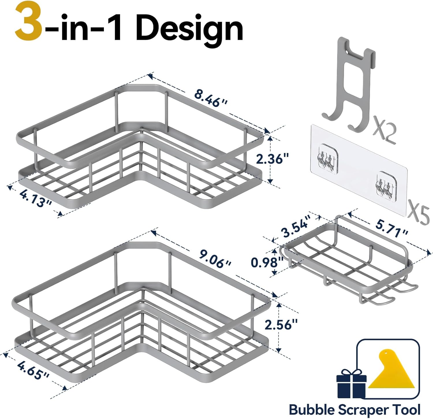 YASONIC Shower Caddy | 3-Pack Rustproof Stainless Steel Corner Shelves with Soap Holder - Grey