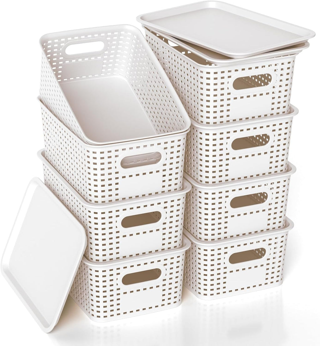 Plastic Storage Basket with Lid - Stackable Organizing Bins for Home & Office | 10.2x7.2x4.1 Inch, White, 8 Pack