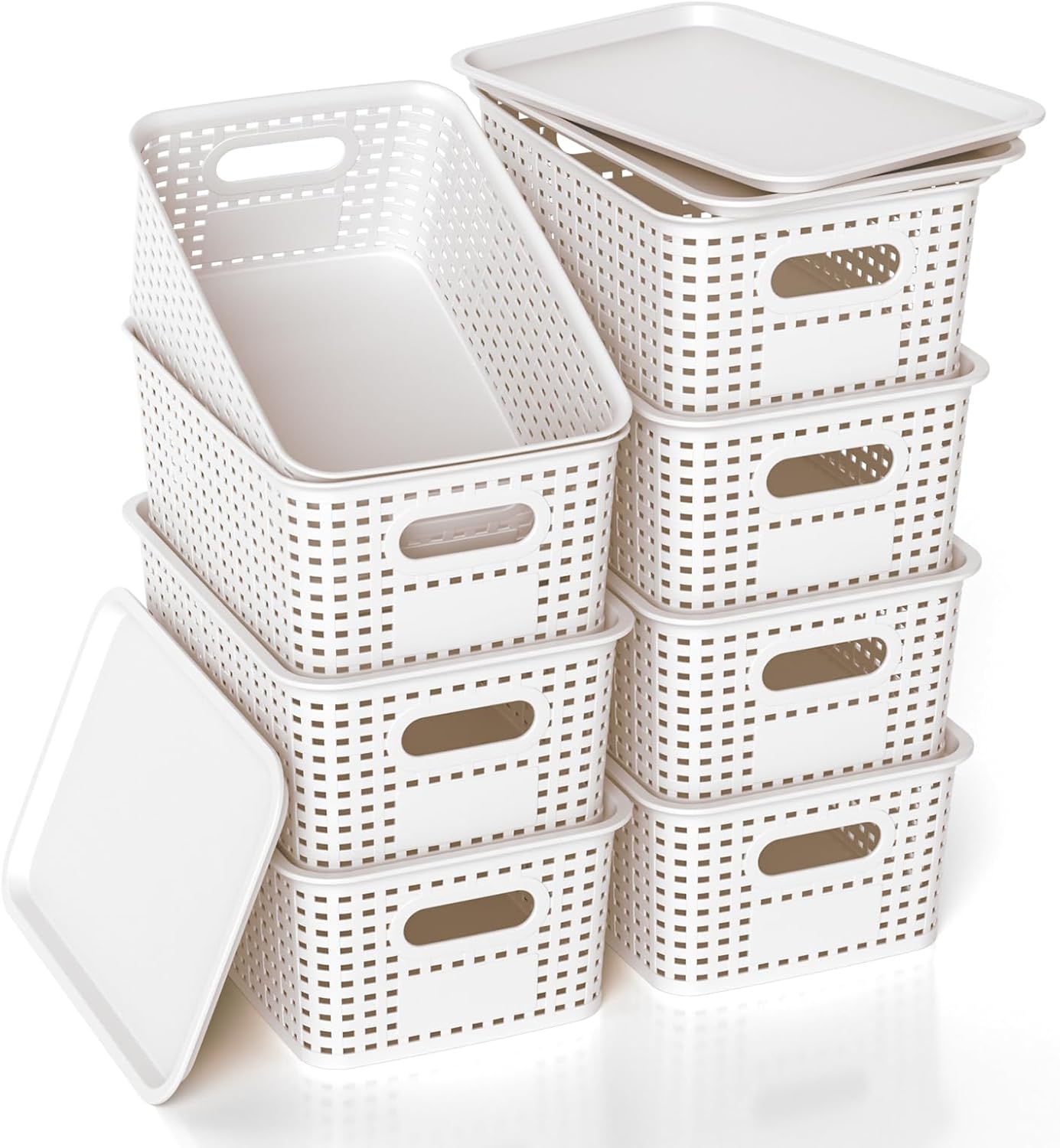 Plastic Storage Basket with Lid - Stackable Organizing Bins for Home & Office | 10.2x7.2x4.1 Inch, White, 8 Pack