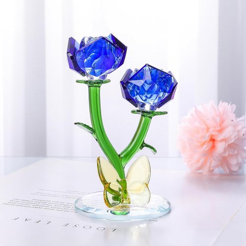 LONGWIN Crystal Blue Rose Flower Figurine - Elegant Glass Spring Bouquet Home Decor Gift for Her