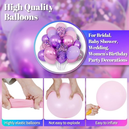 KAWKALSH 68pcs Metallic Purple & Pink Balloons - 12 Inch Confetti Latex for Girls' Birthday & Baby Shower Decor