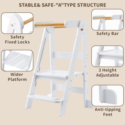 TDKDHoming Foldable Toddler Tower Preassembled Kitchen Stool, Folding Tower for Learning with 3 Adjustable Heights Montessori Toddler Standing Tower Collapsible Step Stool for Kids 1.5-6y，White