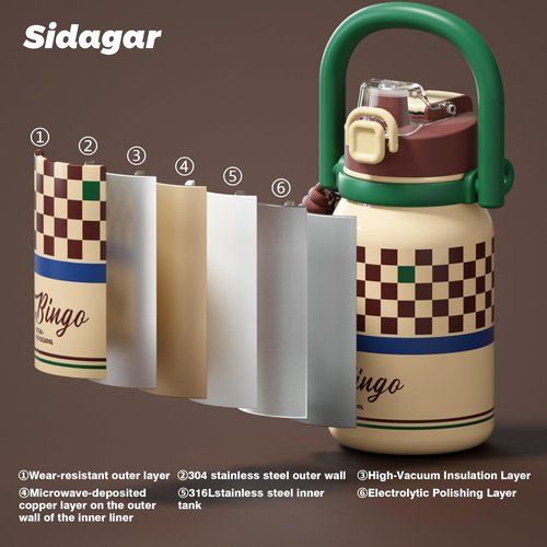 Sidagar 32 oz Insulated Water Bottle for Women with Straw & Handle, 316L Medical Grade Stainless Steel Vacuum Tumbler, Aesthetic Retro Checkerboard Flask for School & Outdoor, Preppy Cream Yellow