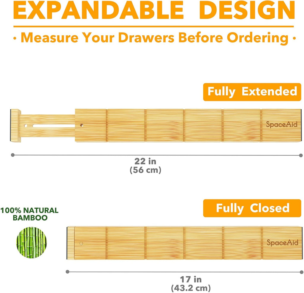 SpaceAid Bamboo Drawer Dividers - Adjustable Kitchen Organizers with Inserts & Labels | 4 Dividers (17"-22" Natural)