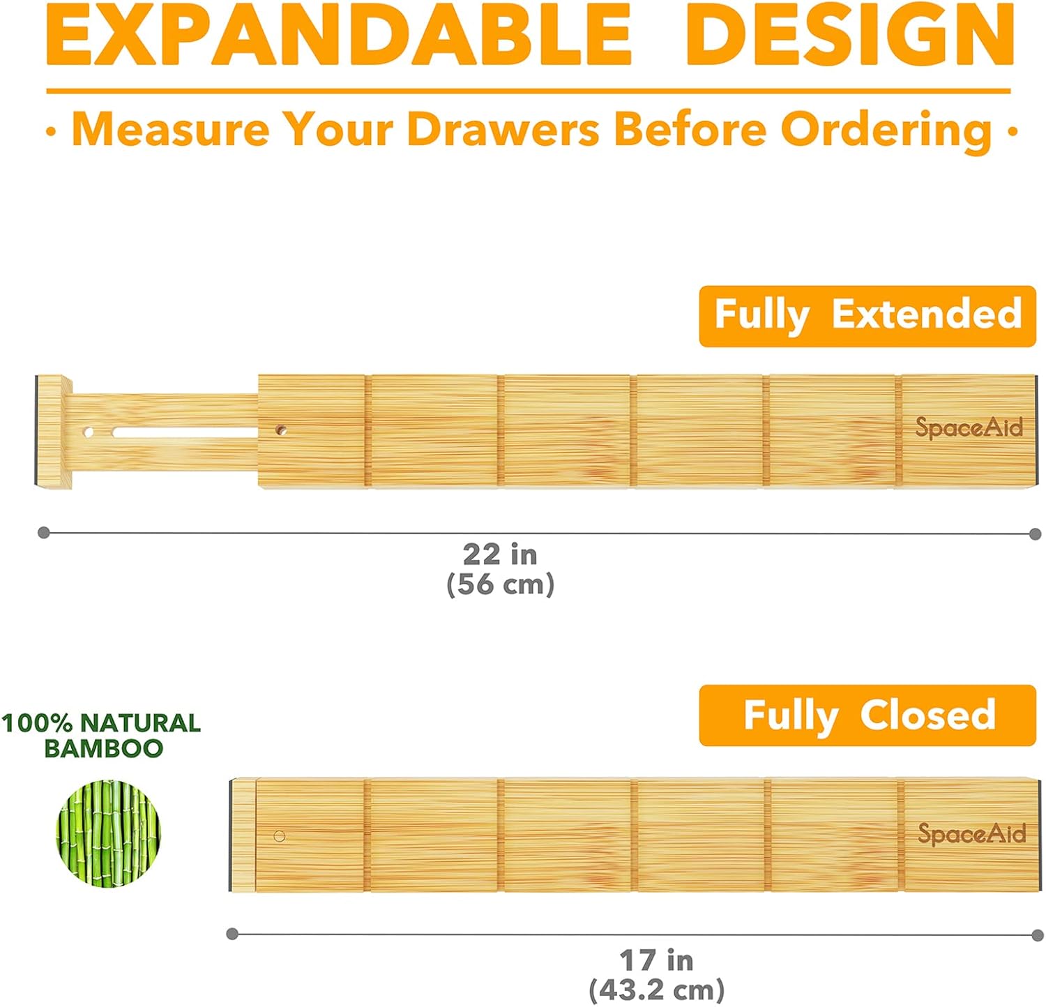SpaceAid Bamboo Drawer Dividers - Adjustable Kitchen Organizers with Inserts & Labels | 4 Dividers (17"-22" Natural)