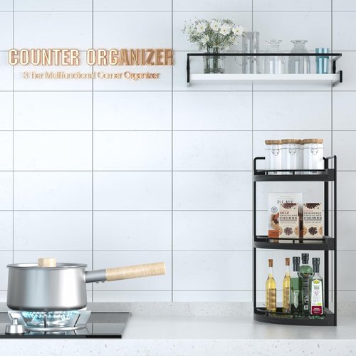 Corner Bathroom Organizer - 3 Tier Wood Vanity Shelf for Skincare & Toiletries | Black