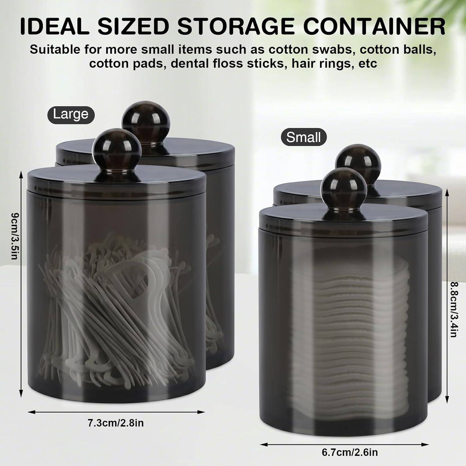 WEISHI Qtip Holder Dispenser - 4 Pack Small Plastic Apothecary Jars for Bathroom Storage | Black