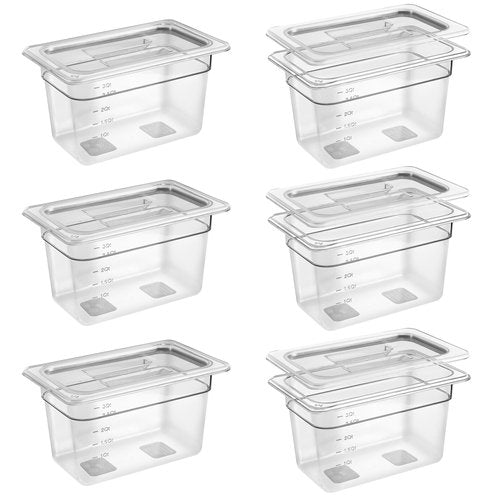 6 Pack 1/4 Size 6'' Deep Clear Food Pans with Lids, Commercial Food Pans Polycarbonate Transparent Food Storage Containers, Stackable Plastic Pan with Capacity Scale, Restaurant Supplies Hotel Pan