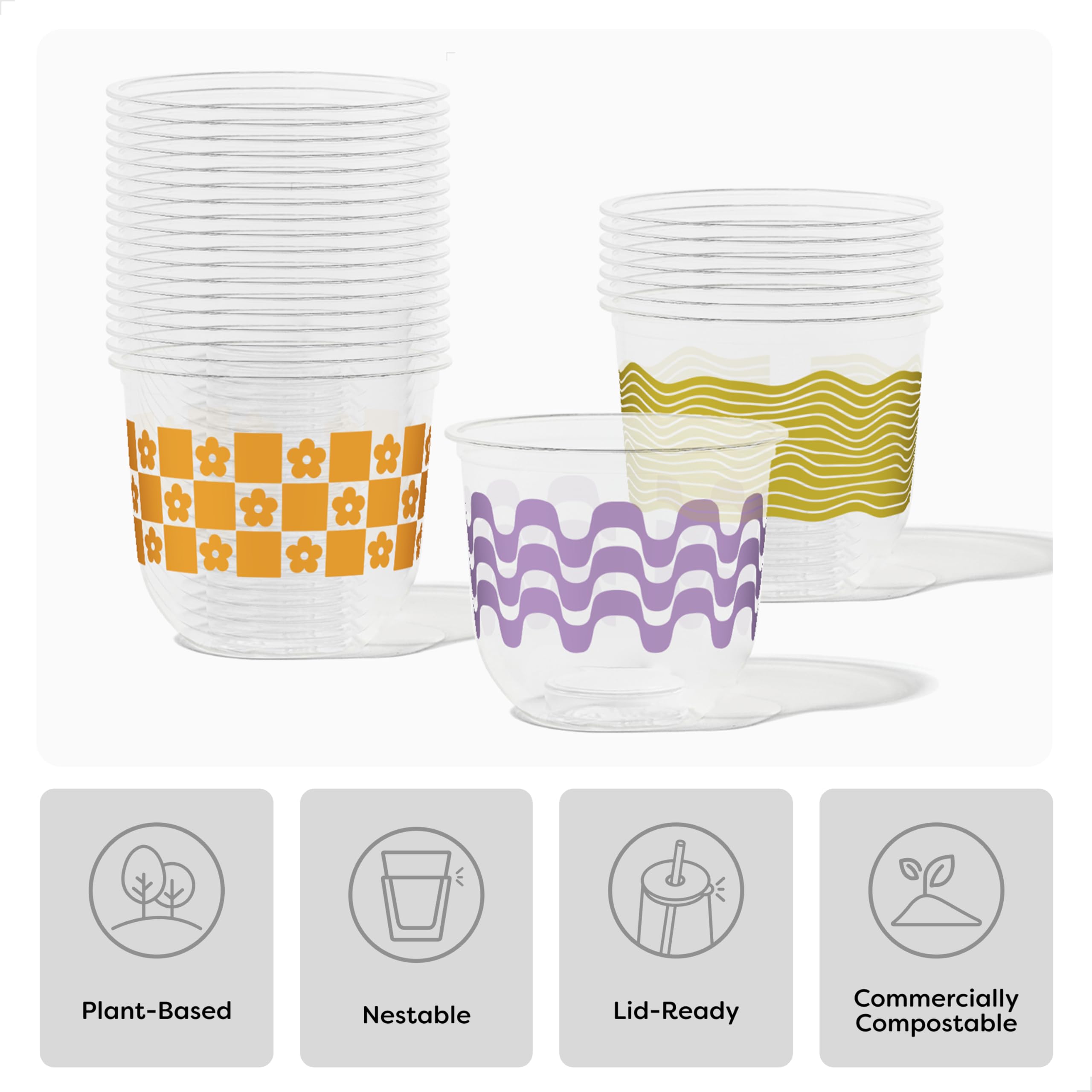 TOSSWARE NATURAL 12oz Arc - Retro Art - Plant Based 98mm Cups - Plastic Alternative for Parties, Bachelorettes, Weddings - Recyclable Theme Cold Cups - Set of 24