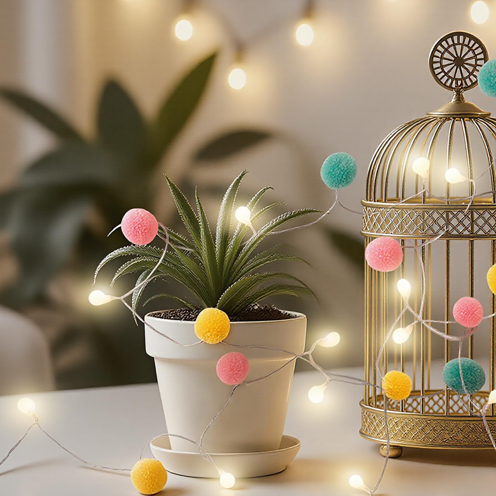 LED Pom Poms Fairy Lights - 21Feet, 20 LED, Battery Operated, Warm White Globe Lights Cute for Home,Kids Playhouse, Holiday, Christmas, Kids Room Party Birthday Wedding Valentines Decorations