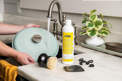 Lodge Enameled Cast Iron Cleaner Kit - 11oz Cleaner, Scraper, Brush & Pot Protectors | 5-Piece Set