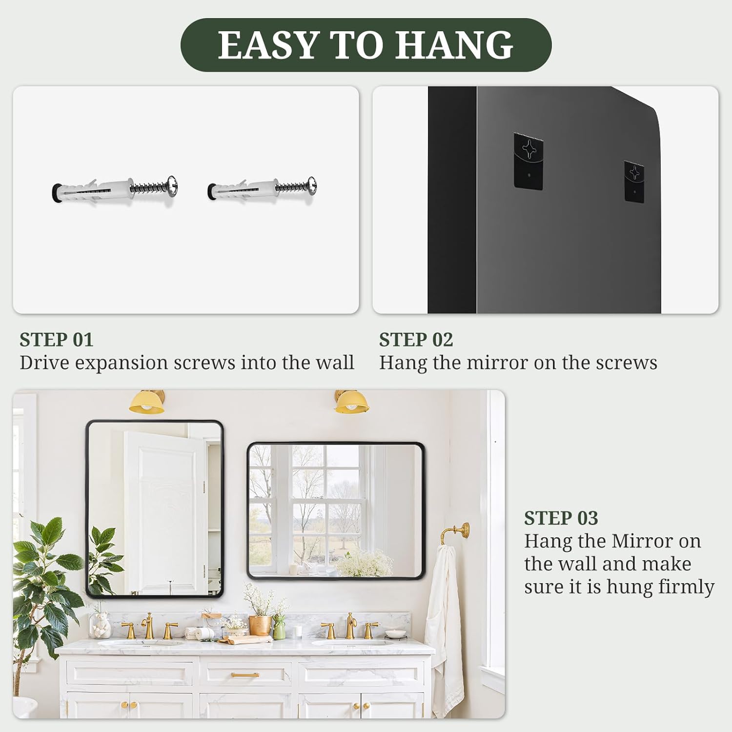 Regine Switzerland Bathroom Mirror - 36x24 Inch Black Metal Frame | Modern Anti-Rust Vanity Mirror