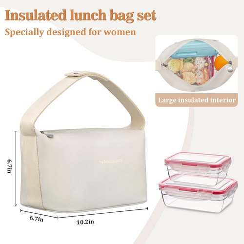 wiwens Lunch Bag Set For Women Insulated Leather Woman Lunch Bag With 2 Lunch Box Containers Spoon and Ice Pack Leakproof Reusable High Capacity Lunch Tote Bags for Work, Travel, Outdoor