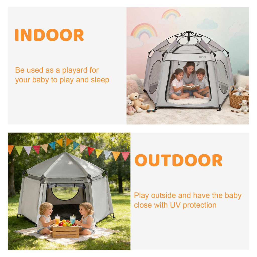 Asweets 4 in 1 Pop Up Playpen Indoor and Outdoor Portable, Lightweight Baby Playpen with Travel Bag,Baby Beach Tent and Play Toddler Play Yard Canopy(Light Grey)
