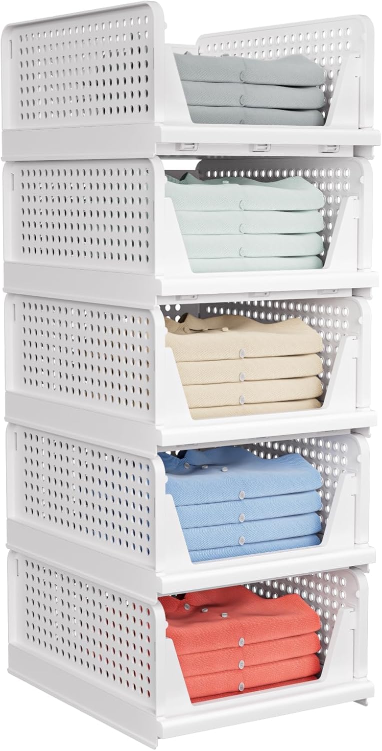 Stackable Closet Storage Baskets by [Brand Name] - Multifunctional & Foldable Organizers | Waterproof, Space-Saving Design, White - 5 Pack
