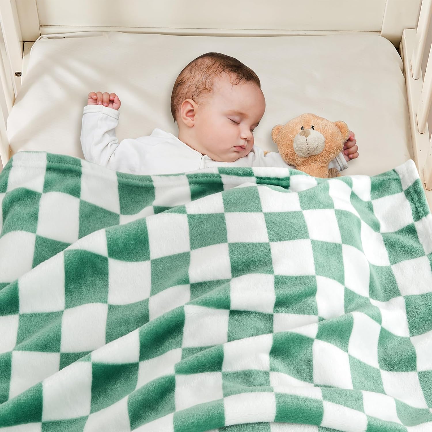 Yurhap Checkered Baby Blanket - Ultra Soft Fleece for Boys | Cozy 30x40 Inch Jade Green Crib Gift