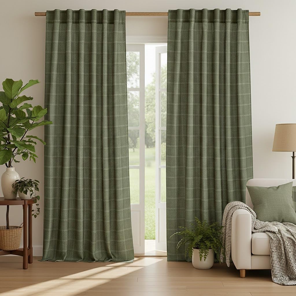 NICETOWN Linen Plaid Curtains - Moss Green Check Tartan Light Filtering Window Panels | 52" x 84" (2 Panels)