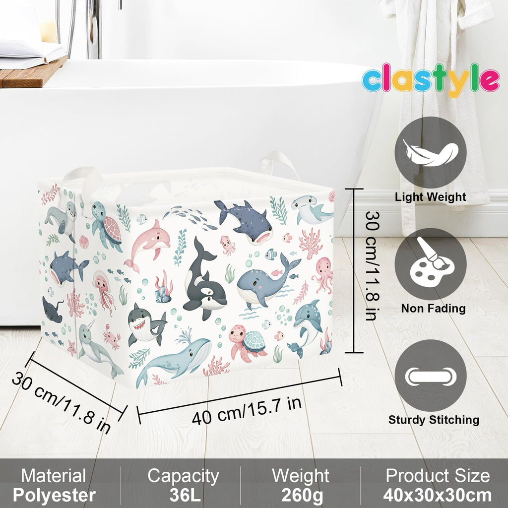 Clastyle Adorable Ocean Animal Laundry Basket Shark Kids Clothes Book Storage Basket Gift Toy Box for Bedroom Decor,Whale,40x30x30 cm