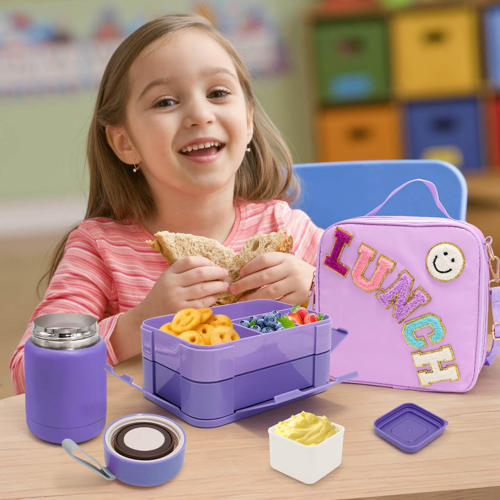 Preppy Lunch Box for Girls with 10oz Thermo, with 6 Compartment Bento Box, Purple Nylon Insulated Lunch Bag Adjustable Strap for Girl Kids Teens School Travel Picnic