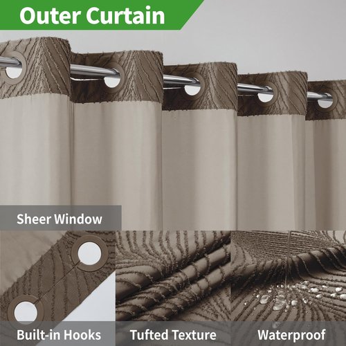 eachope no Hook Shower Curtain and Fabric Liner Set，Thanksgiving Autumn Shower Curtain, Boho Tufted Striped Style with See Through Top Window, Brown, 71Wx74H