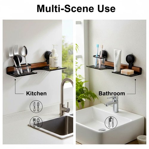 AZSRKRBM Over Sink Shelf with Walnut, 15.7" Tool-Free Organizer, Strong Suction Cup Rack with Easy Drainage for Kitchen & Bathroom