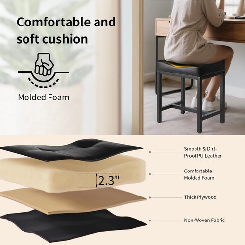 FLYZC Saddle Seat Vanity Stool, Makeup Stool Chair with Metal Leg, U-Shaped Faux Leather Ottoman Foot Rest, Small Square Chairs Under Desk for Vanity, Living Room, Bedroom, Modern Makeup Bench Black