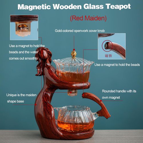 Lazy Kungfu Magnetic Tea Pot, Semi Automatic Glass Teapot, Lazy Kungfu Drip Teapot, Magnetic Attraction Water Rotating Cover Bowl Suitable for Home/Office Reception Tea Set (Red Maiden)