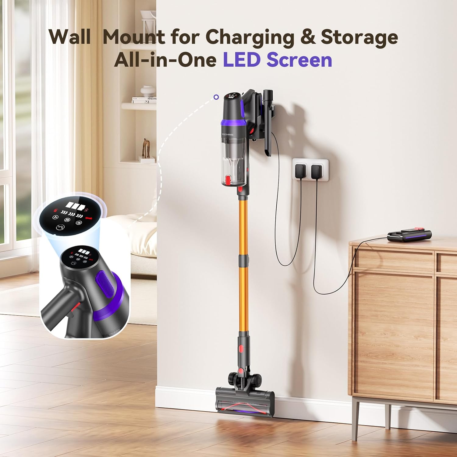 TechRise Cordless Vacuum Cleaner - 500W Stick Vacuum with Anti-Tangle Brush & 60-Minute Runtime for Home Use